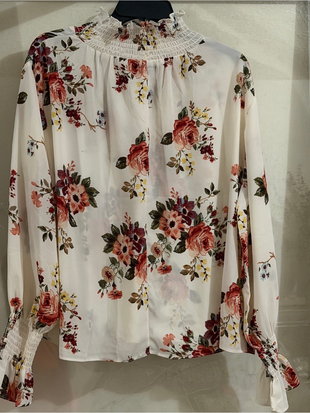 Floral Smocked High-Neck Blouse in White with Rose Print